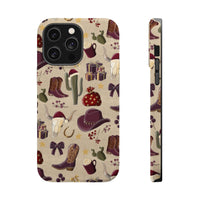 Cowboy Christmas design phone case for iPhone 17 in glossy finish by Printify, featuring festive colors and patterns.