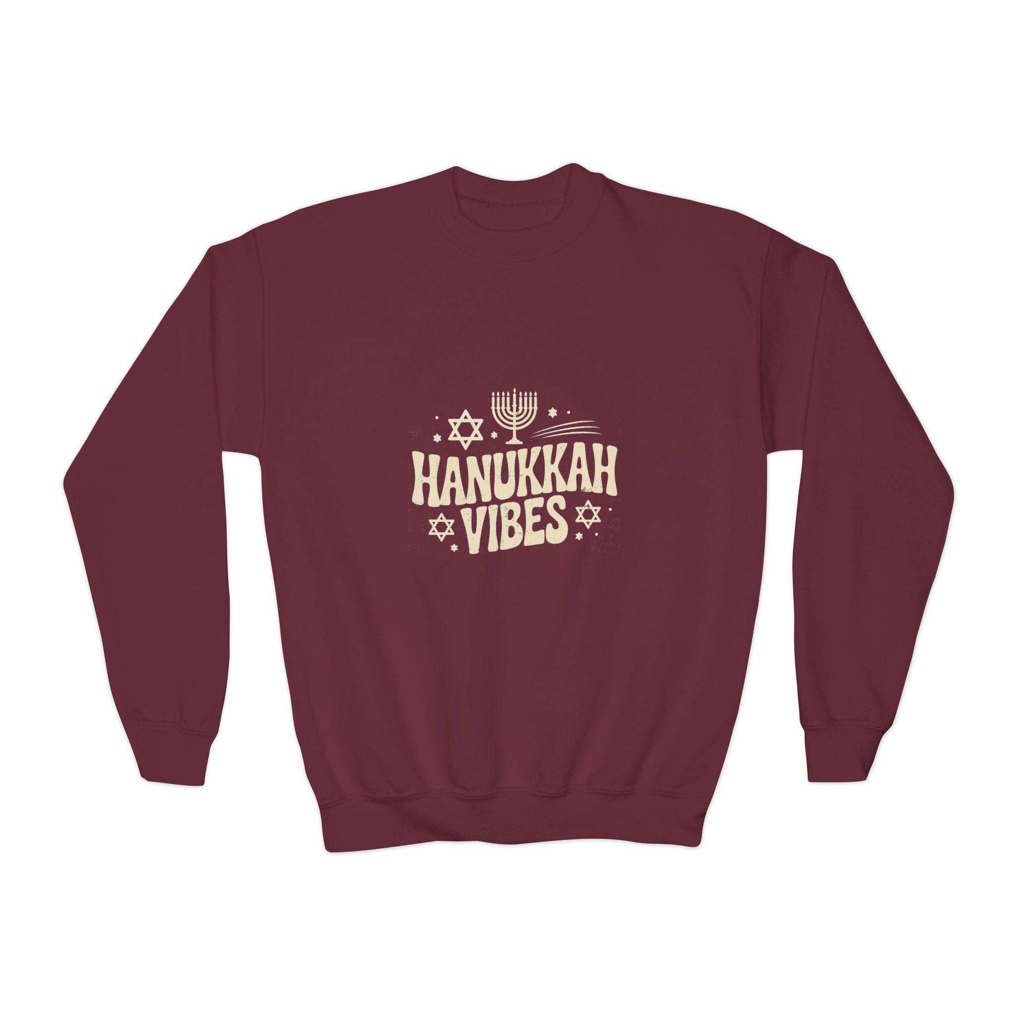 White Hanukkah crewneck youth sweatshirt with festive designs by Printify, suitable for holiday celebrations