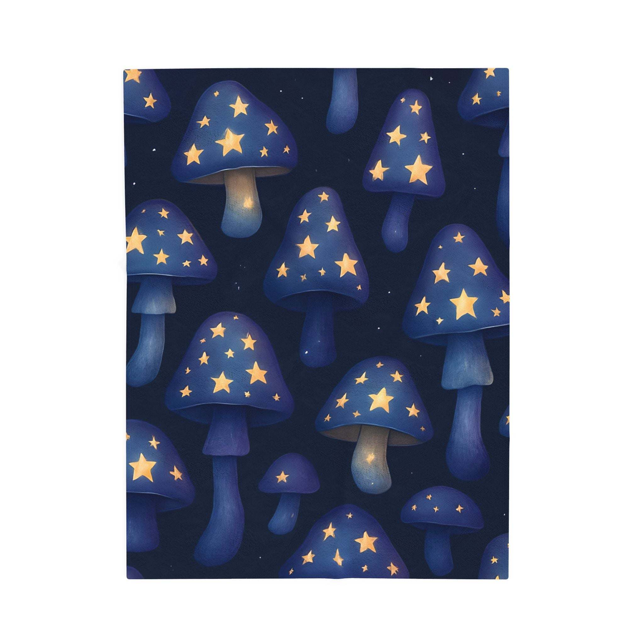 Plush blanket with whimsical glowing star mushrooms on dark blue background