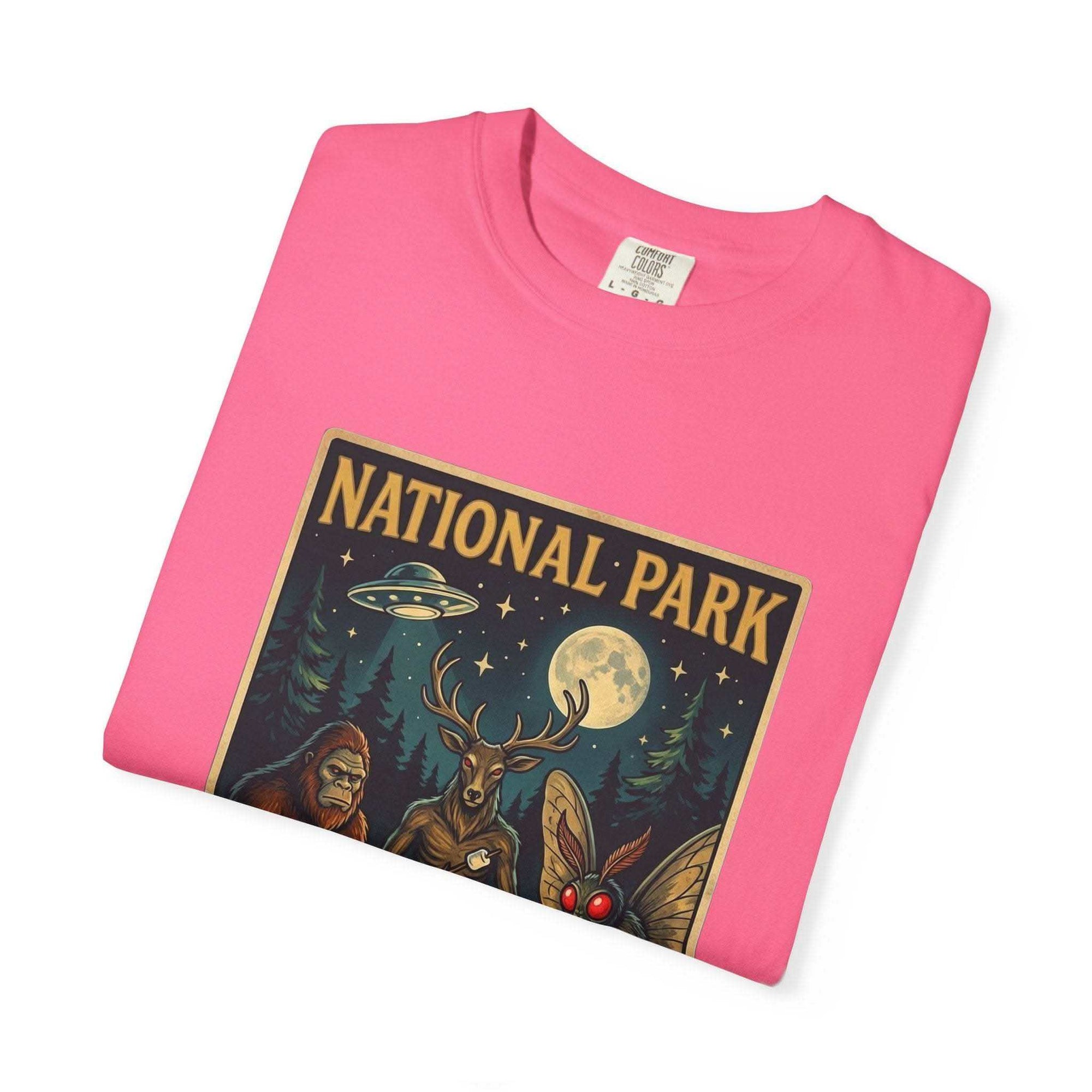 Vintage National Park After Dark t-shirt featuring moonlit campfire and nocturnal creatures design