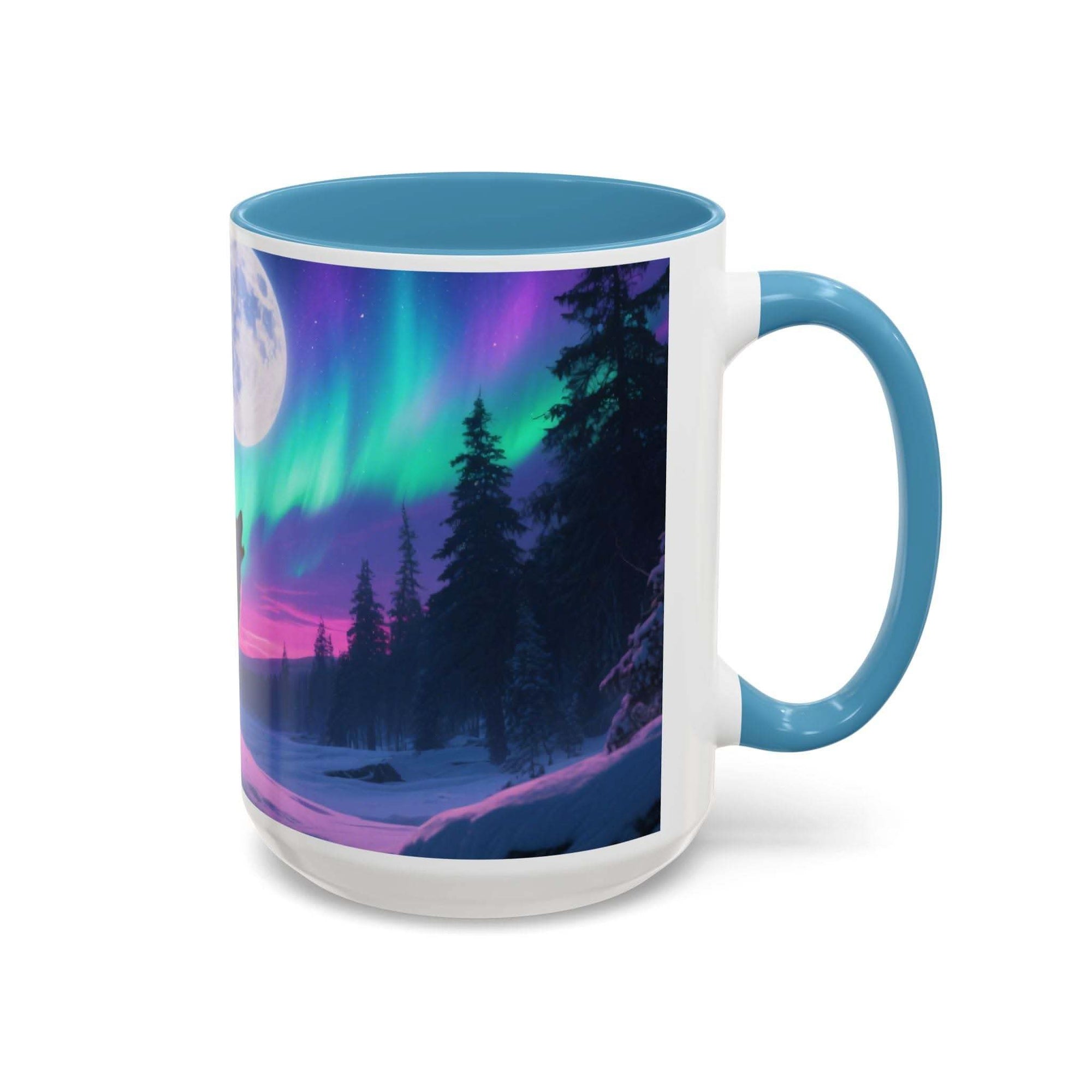 Mug with a design of a Northern Lights over a forest on a white background