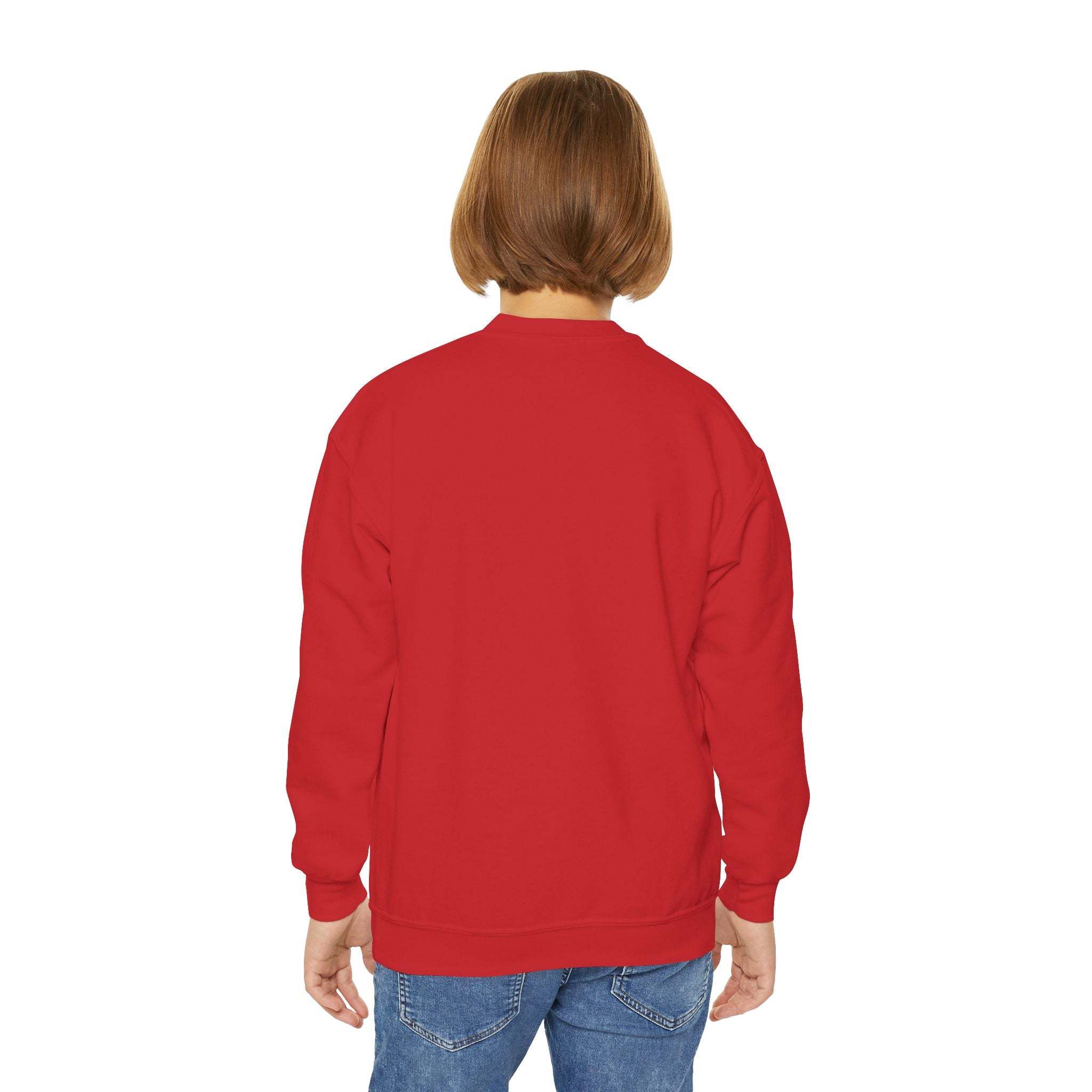 Child wearing red Moody Girl Highland Cow sweatshirt viewed from back