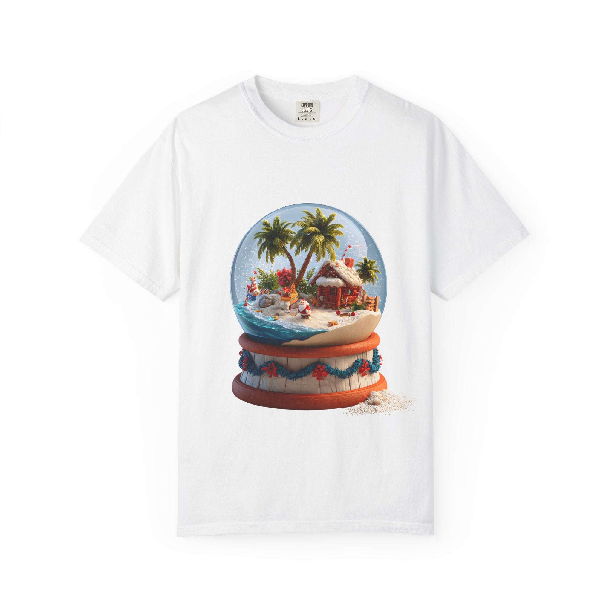 Tropical Snow Globe T-shirt in black, casual style, perfect for summer beachwear by Printify