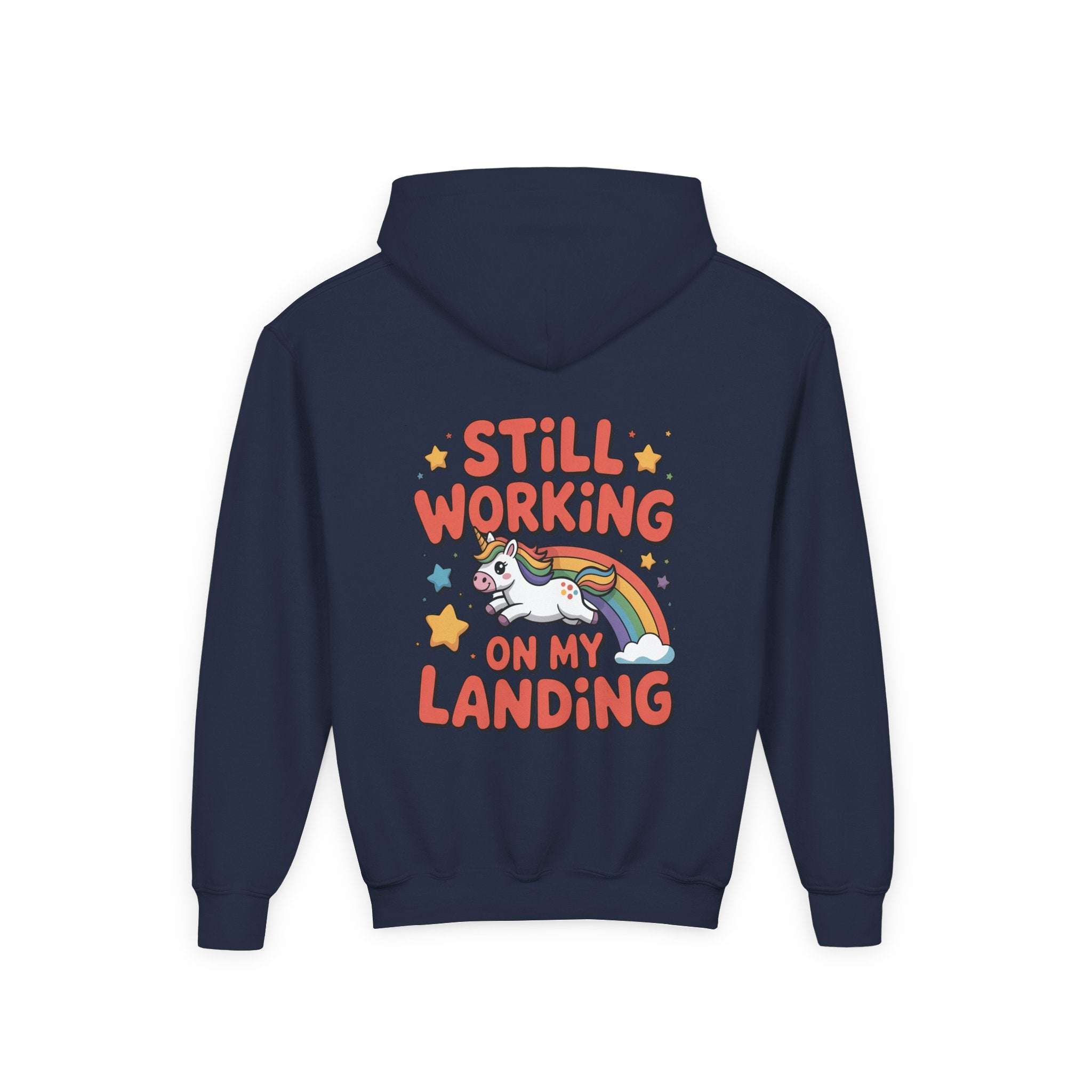 Still Working On My Landing Hoodie | Kids Unicorn Rainbow Design