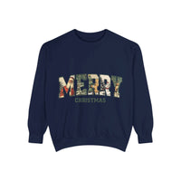 Vintage Varsity Merry Christmas navy sweatshirt with cozy holiday design