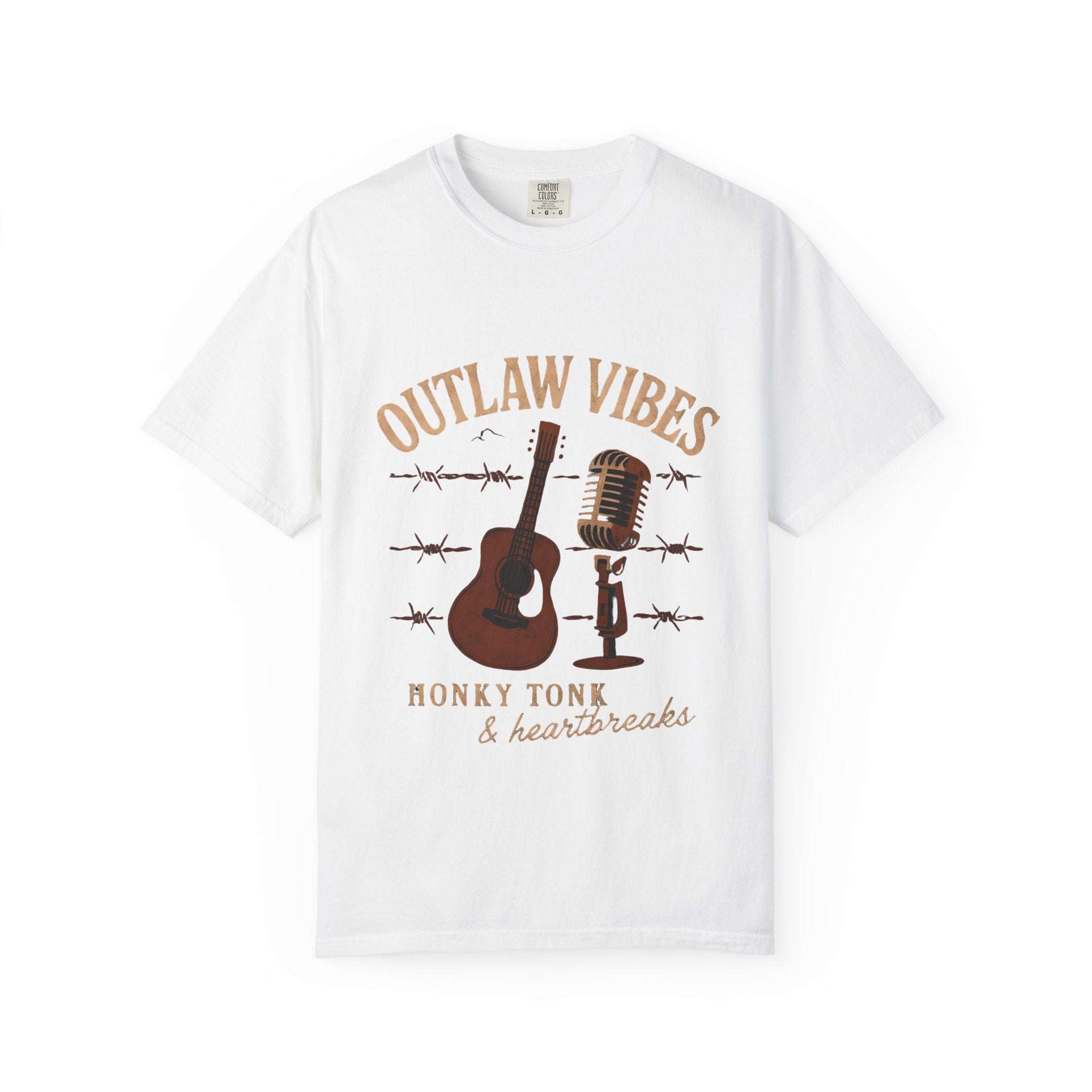 White t-shirt with 'Outlaw Vibes' graphic design featuring a guitar, microphone, and barbed wire on a white background.