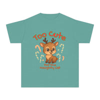 Black youth tee featuring 'Too Cute for the Naughty List' Christmas design by Printify