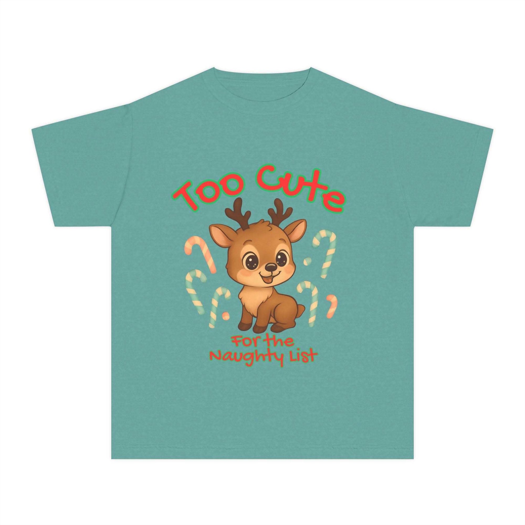 Black youth tee featuring 'Too Cute for the Naughty List' Christmas design by Printify