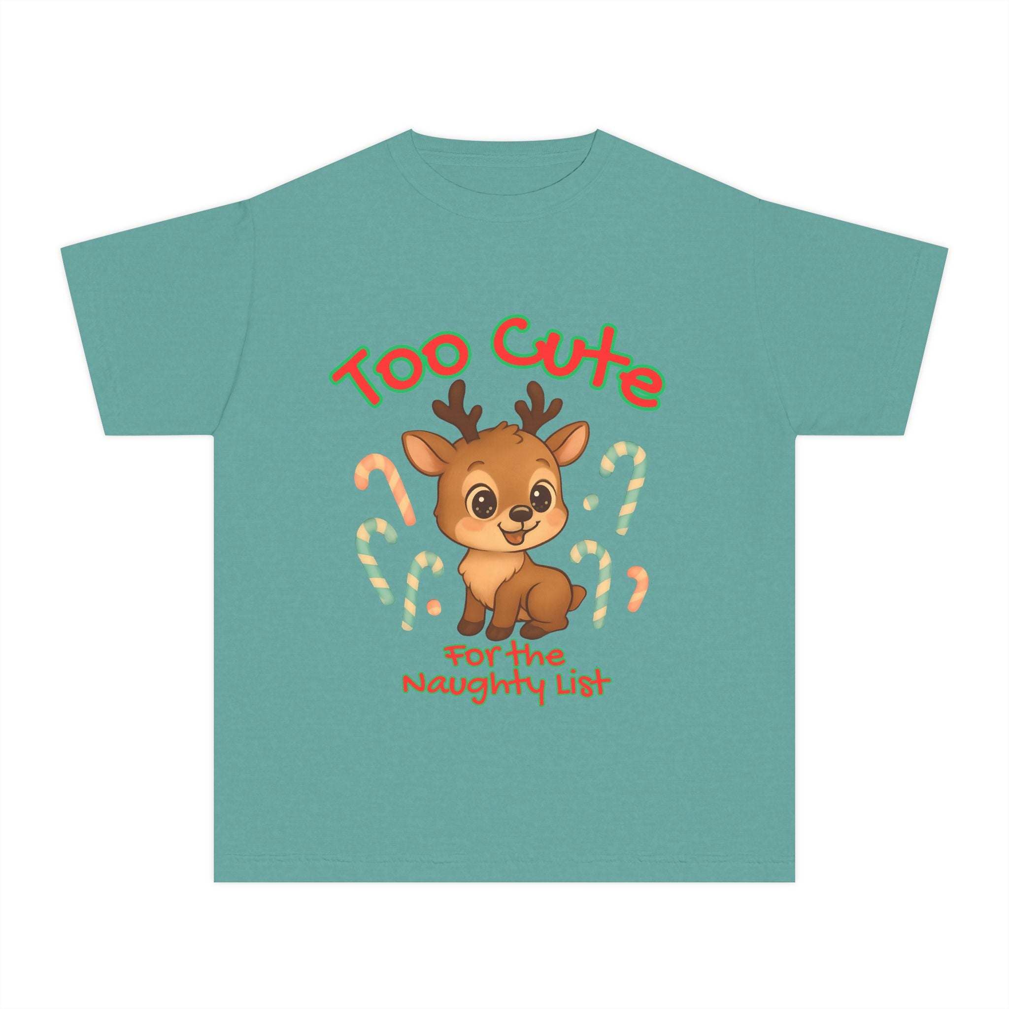 Black youth tee featuring 'Too Cute for the Naughty List' Christmas design by Printify