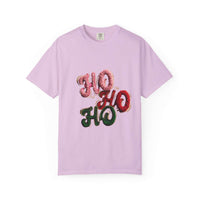 White Christmas graphic tee featuring faux puffy crochet 'Ho, Ho, Ho' design by Printify