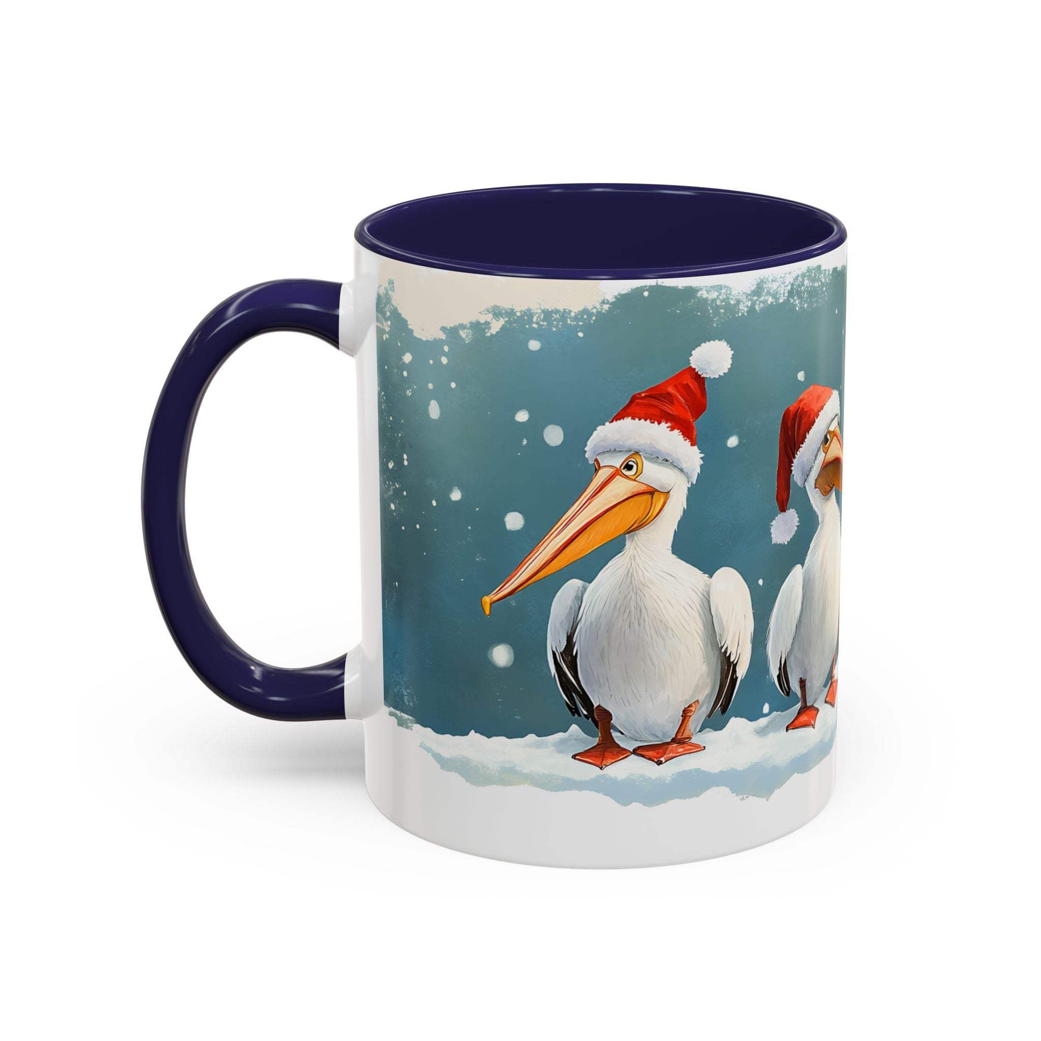 Mug with Christmas-themed design of pelicans wearing Santa hats on a snowy background.