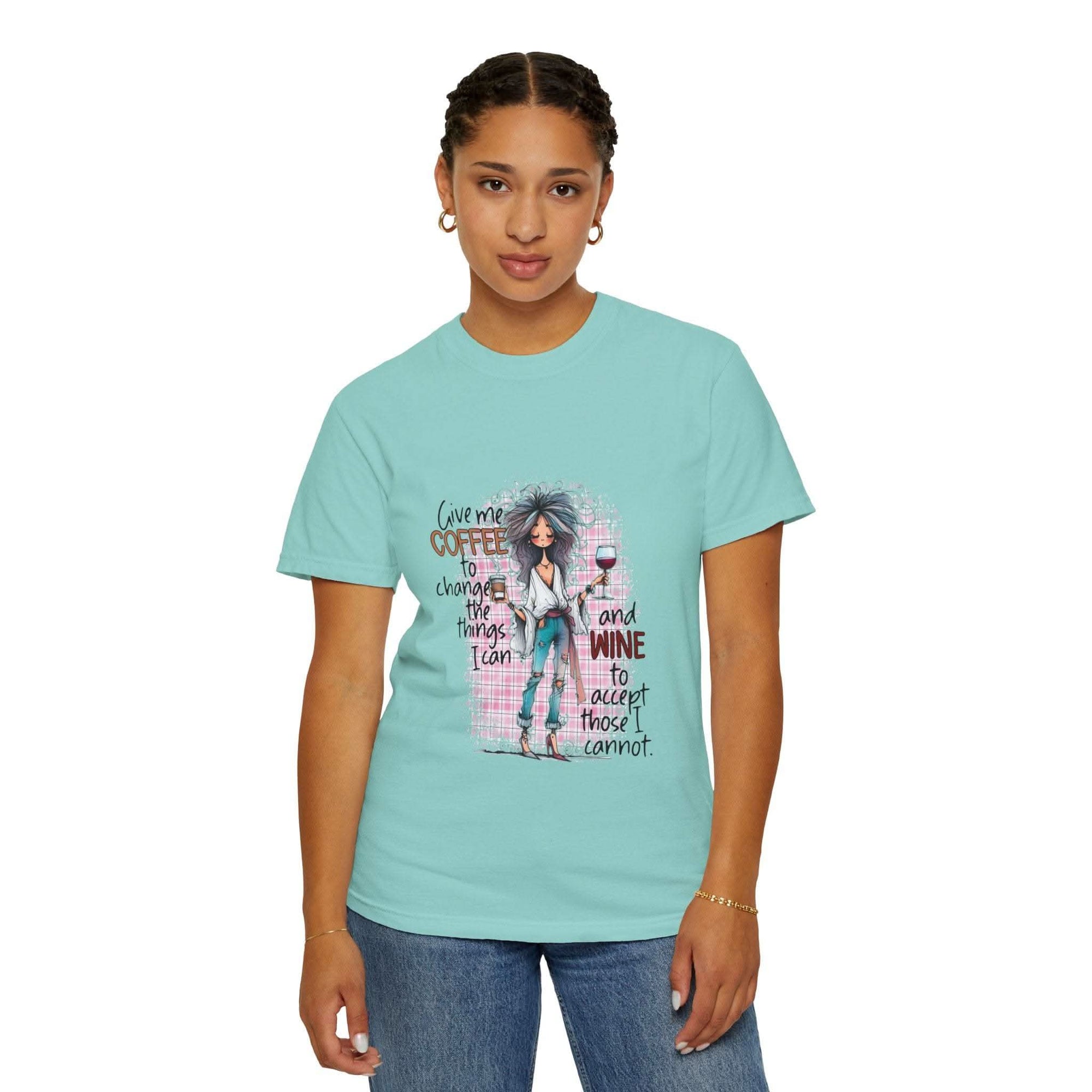 Unisex light blue T-shirt with coffee and wine quote design, relaxed fit, 100% cotton.