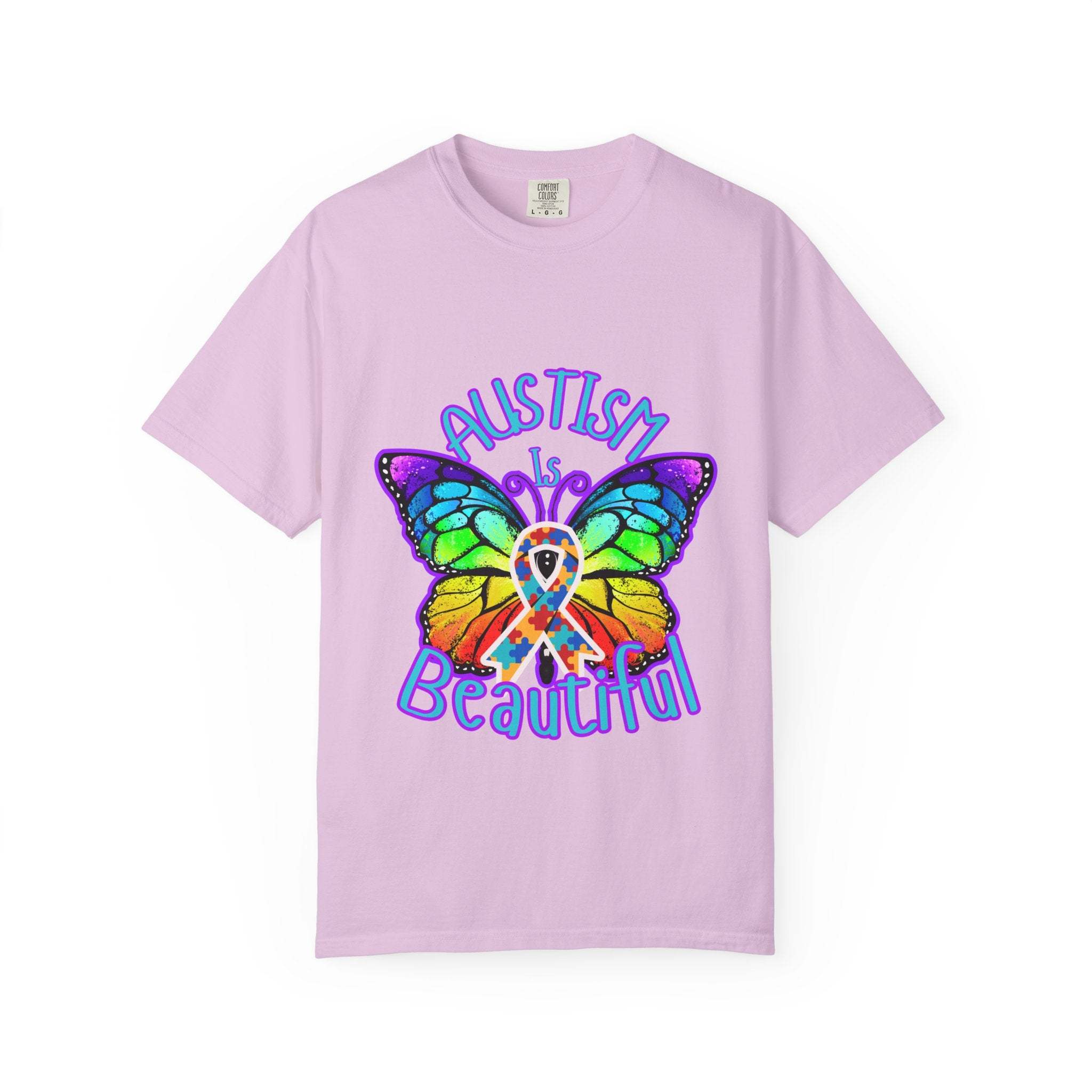 Autism is Beautiful T-shirt with colorful butterfly and awareness ribbon on light purple fabric for autism support and acceptance