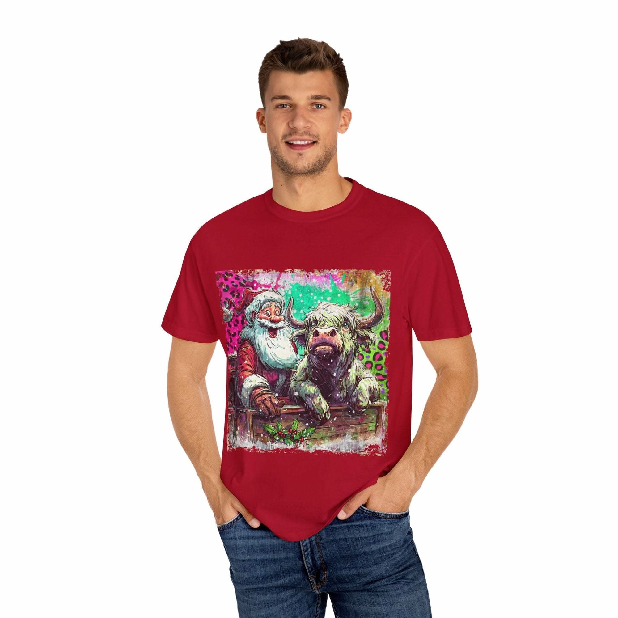 Retro Santa and Highland Cow graphic on a black t-shirt by Printify, perfect for festive holiday wear.