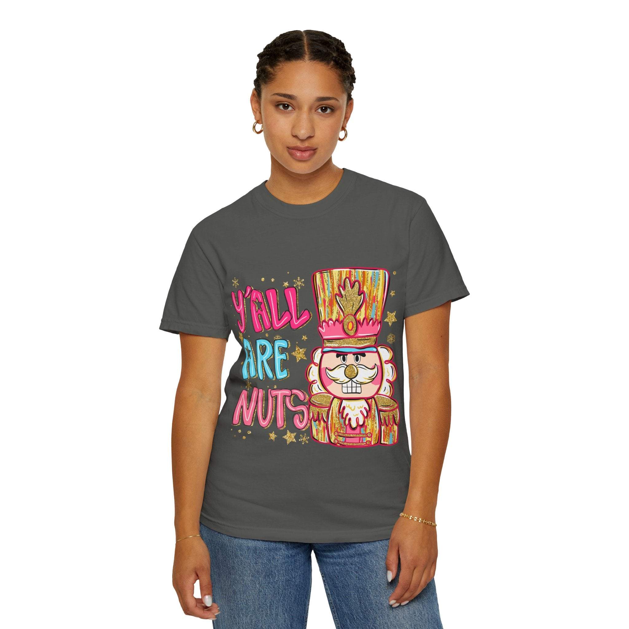 Woman wearing gray Yall Are Nuts Nutcracker graphic Christmas T-shirt