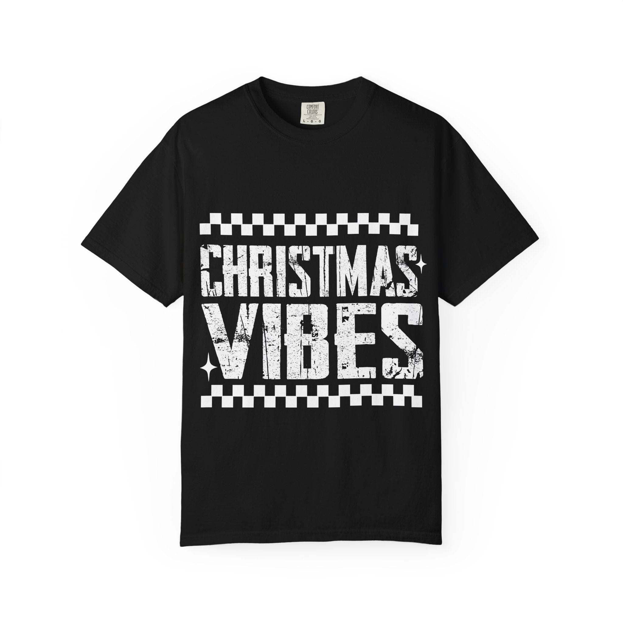 Distressed Christmas Vibes T-shirt with faded holiday graphics and soft garment-dyed fabric