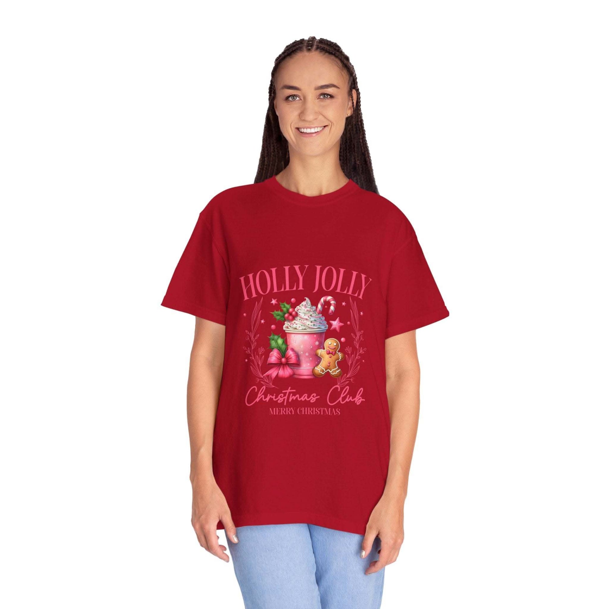 Unisex garment-dyed black Christmas t-shirt with 'Holly Jolly Christmas Club' design by Printify