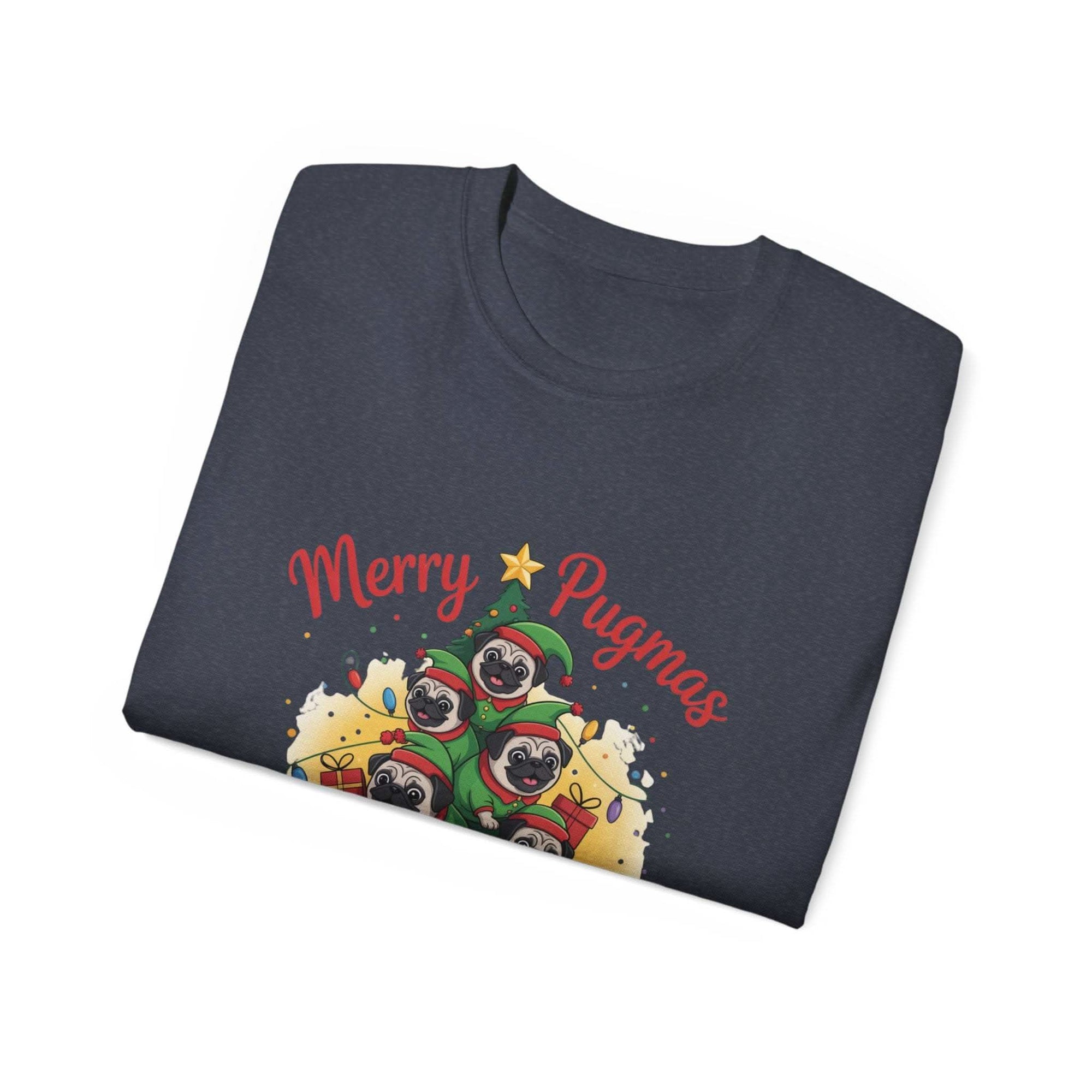 Black Merry Pugmas holiday t-shirt from Printify, featuring festive pug design for dog lovers.