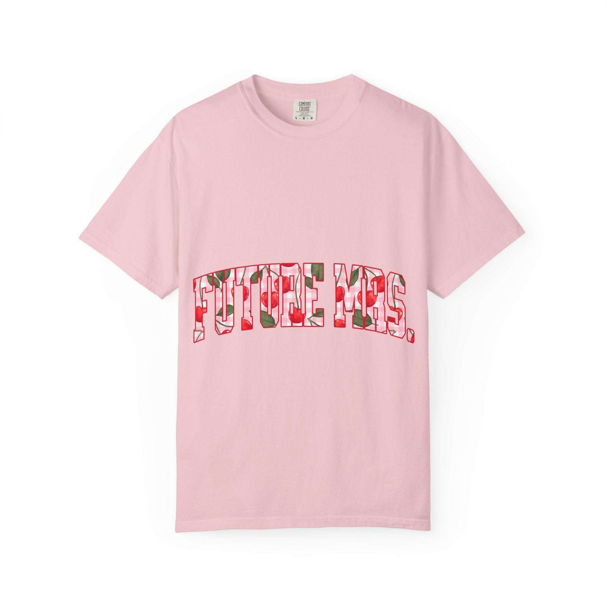Soft Future Mrs Cherry T-Shirt for brides-to-be with relaxed fit and muted colors