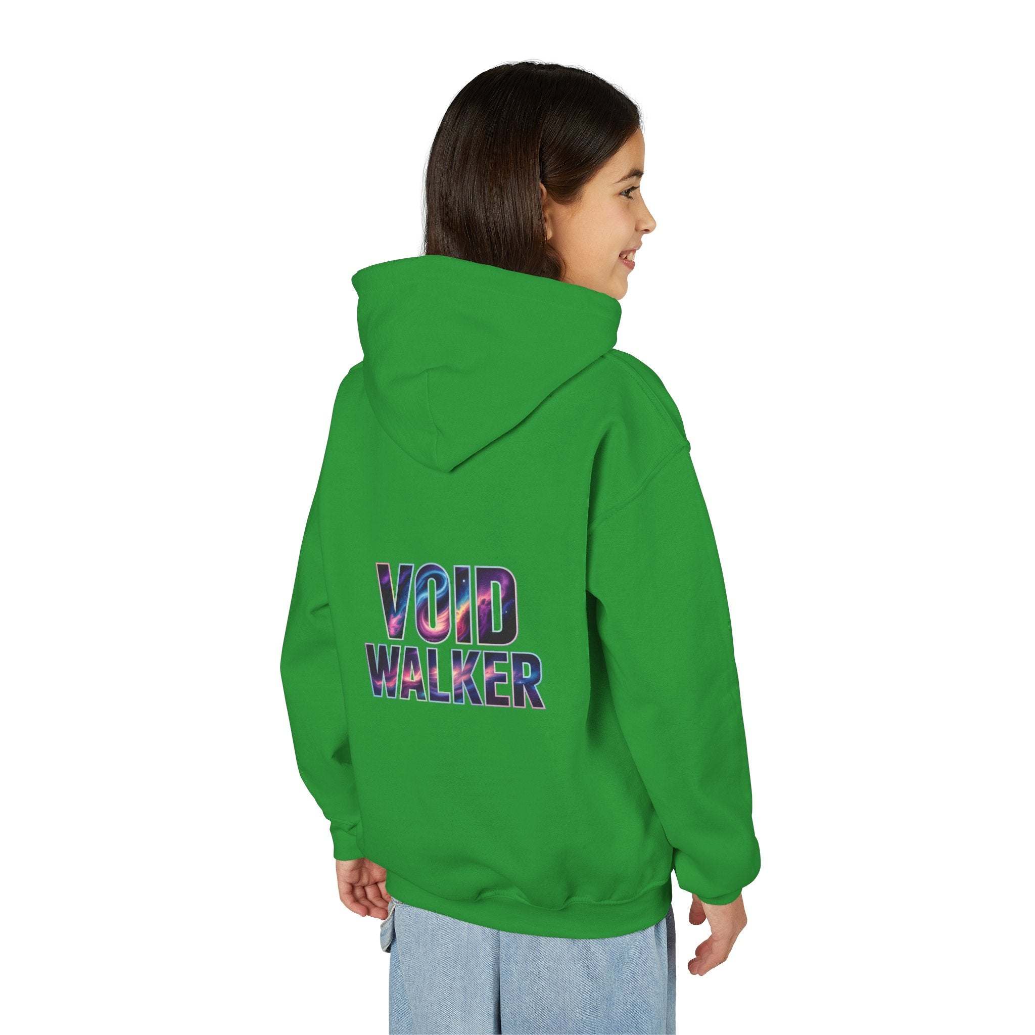 Child wearing green Galaxy Hoodie with Void Walker galaxy print on back