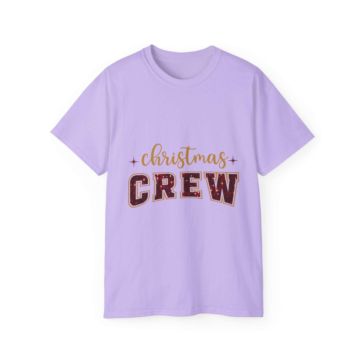 Antique Cherry Red Christmas Crew Faux Glitter T-Shirt by Printify, featuring festive glitter design and crew neck style