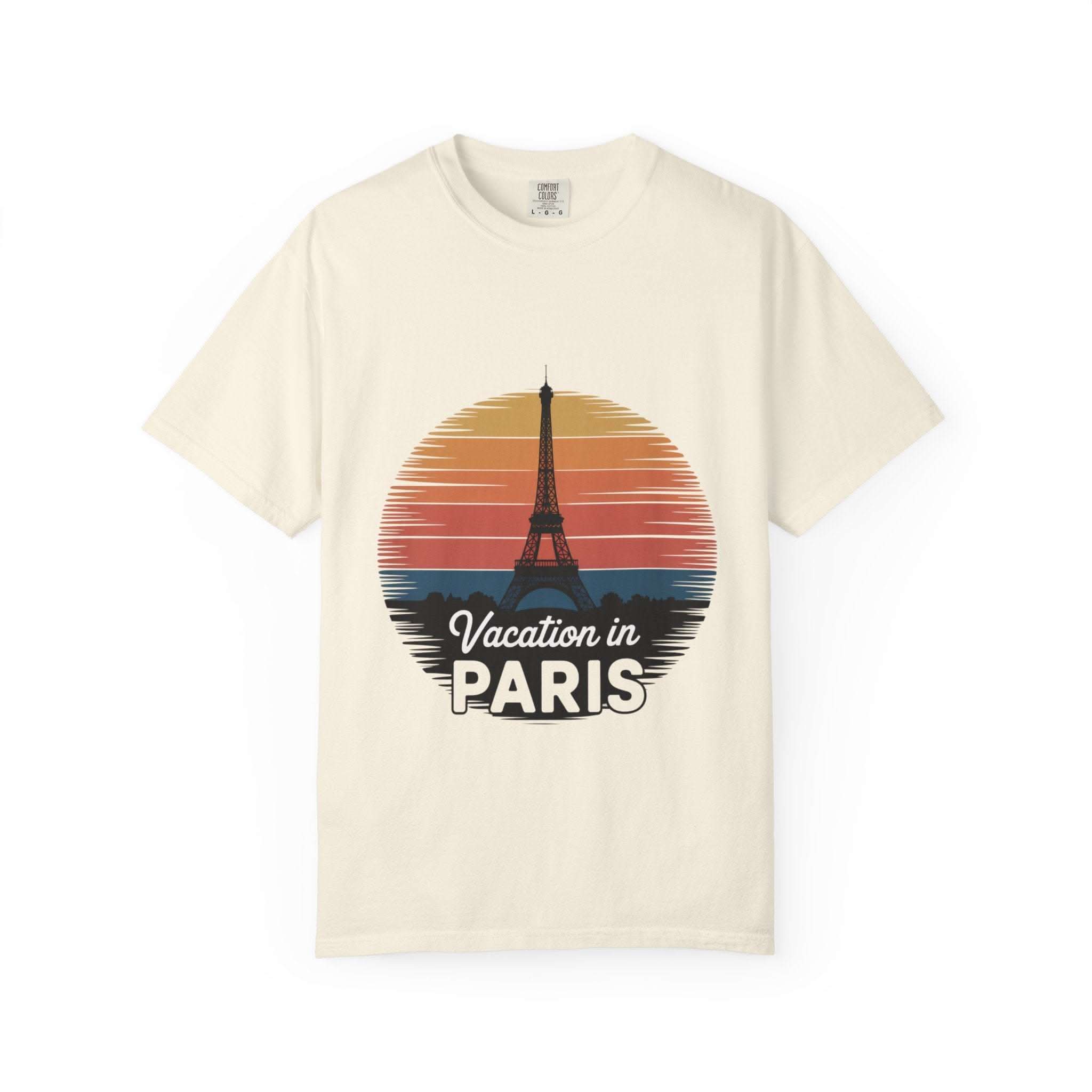 Red garment-dyed t-shirt featuring 'Vacation in Paris' graphic, made by Printify