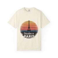 Red garment-dyed t-shirt featuring 'Vacation in Paris' graphic, made by Printify