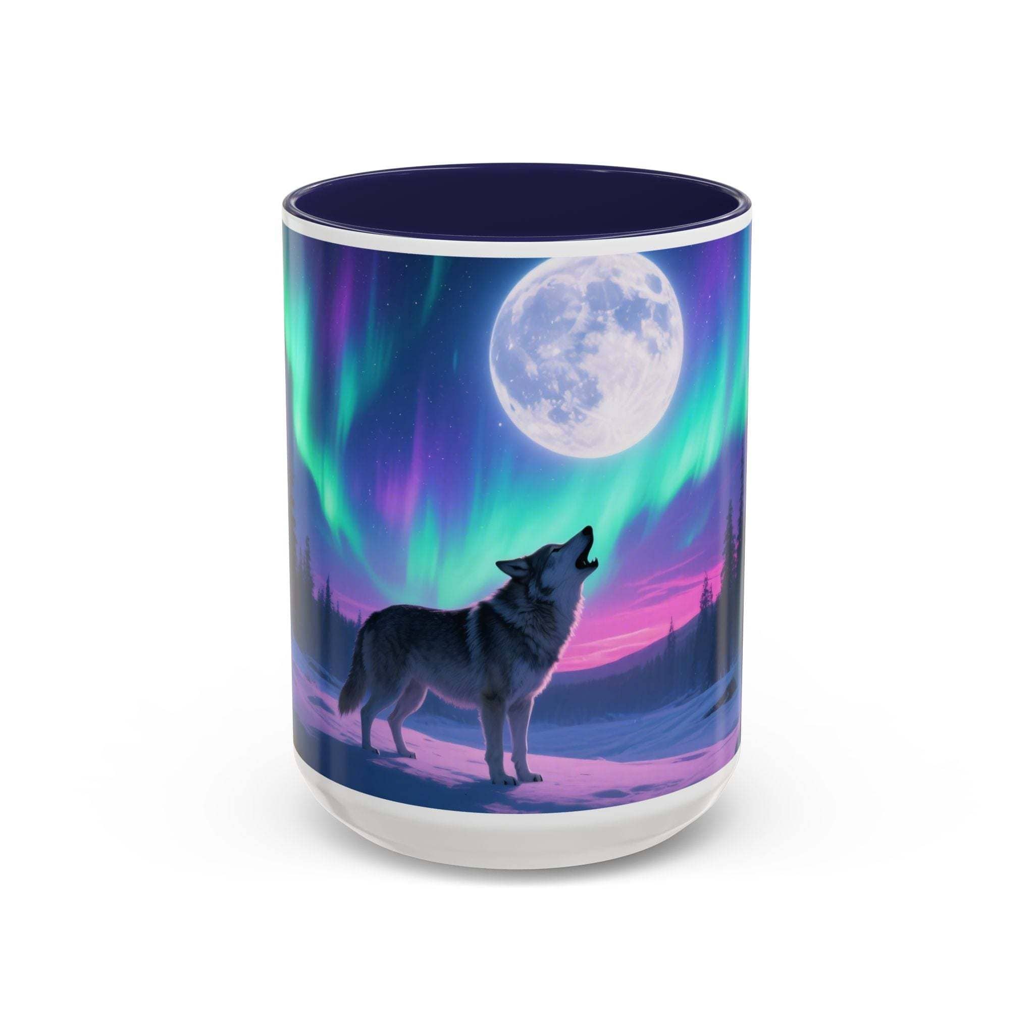 Tumbler with a wolf and moon design against a colorful sky on a white background