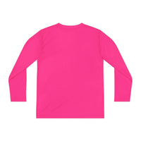 Back view of bright pink youth tee long sleeve shirt with moisture-wicking fabric for active wear