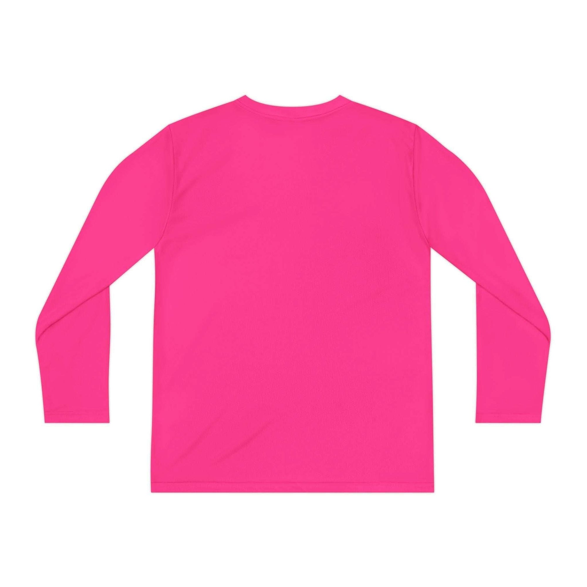Back view of bright pink youth tee long sleeve shirt with moisture-wicking fabric for active wear