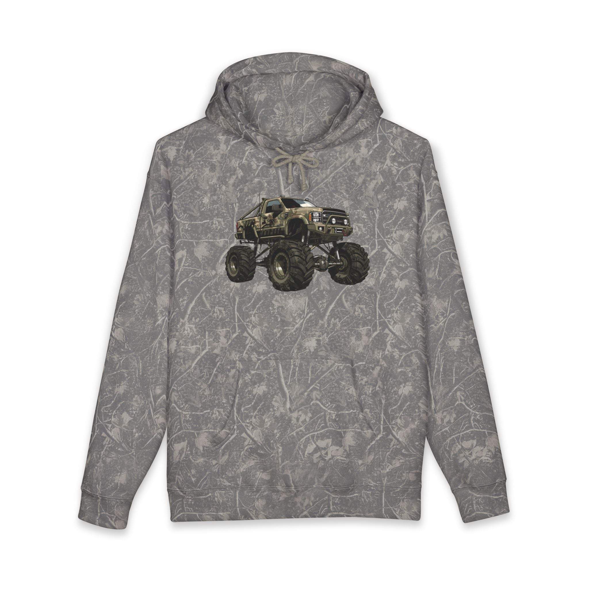 American Flag Monster Truck hoodie with camouflage truck and distressed flag design