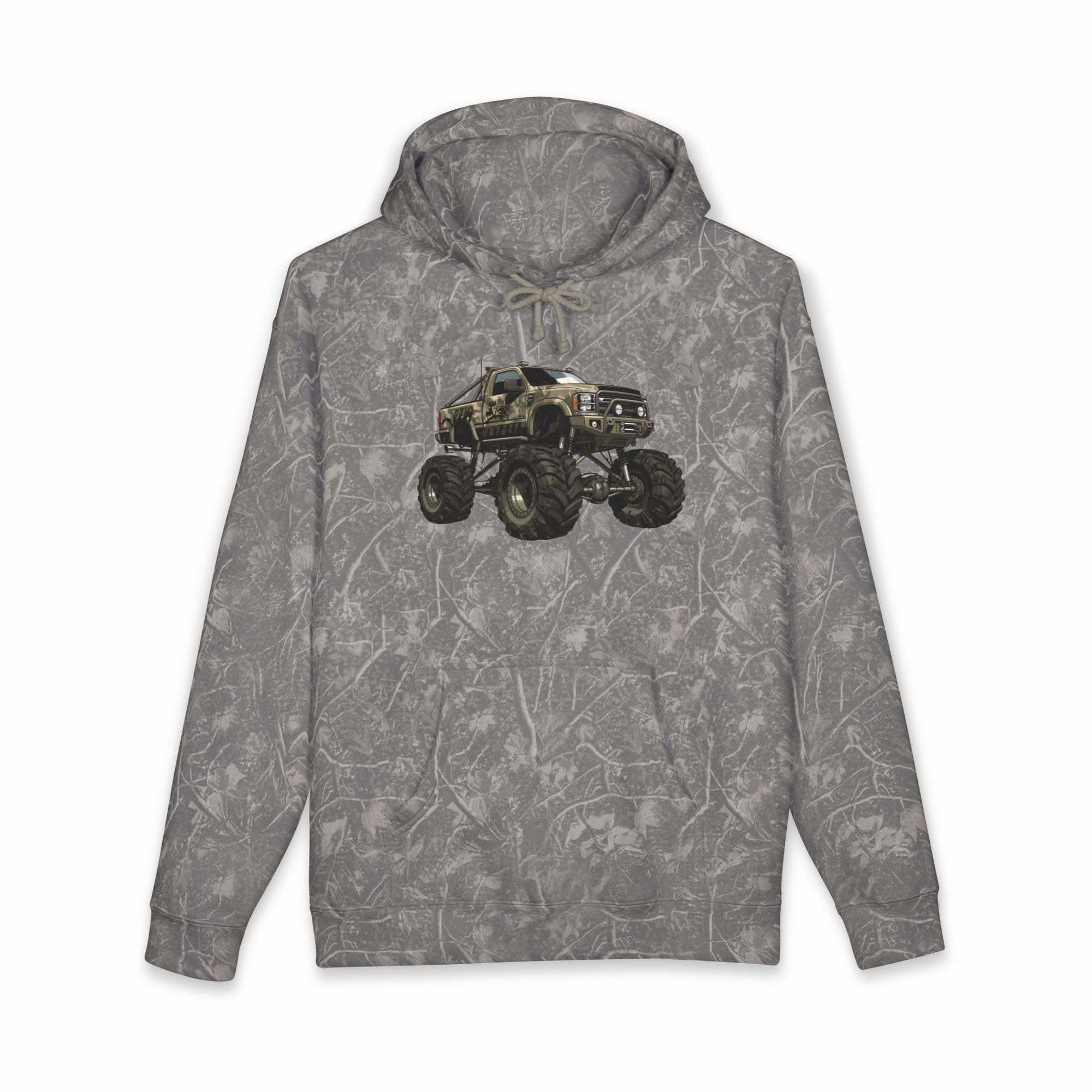 American Flag Monster Truck hoodie with camouflage truck and distressed flag design
