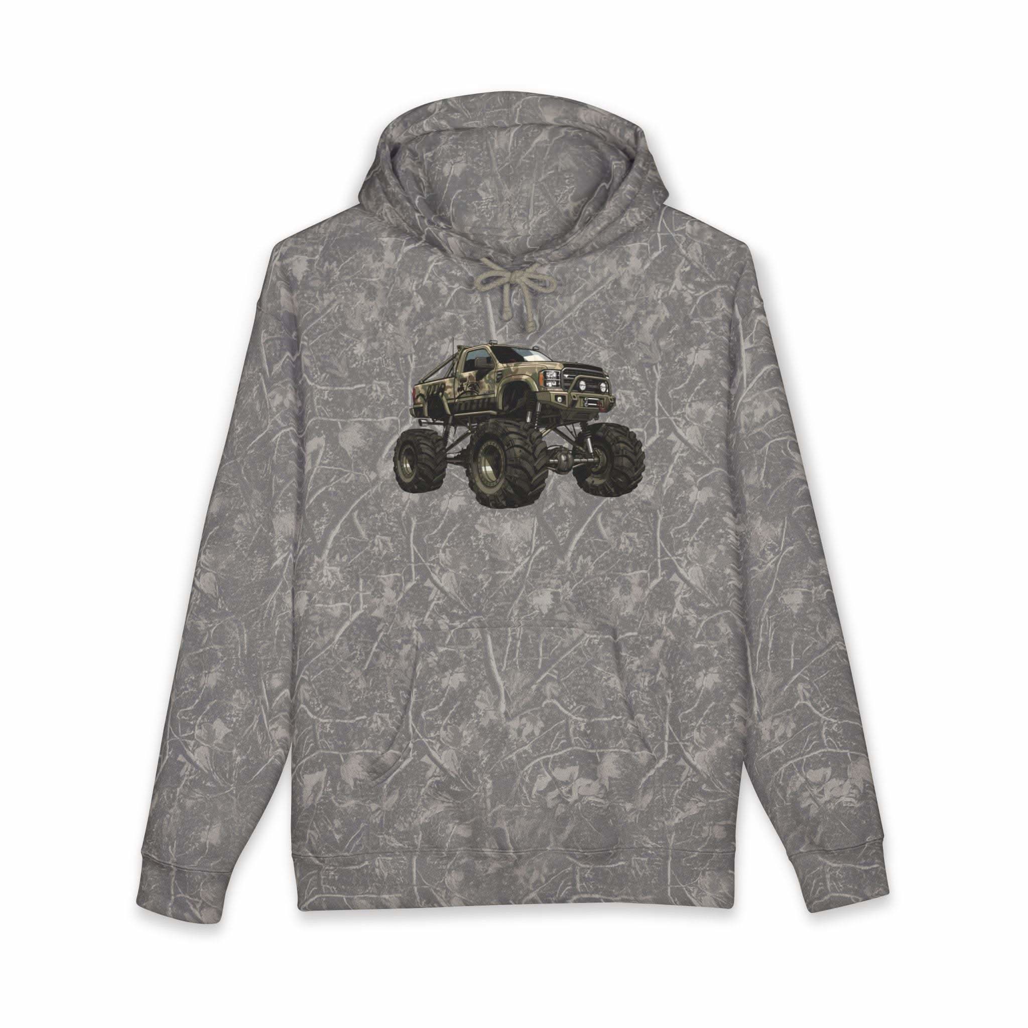 American Flag Monster Truck hoodie with camouflage truck and distressed flag design