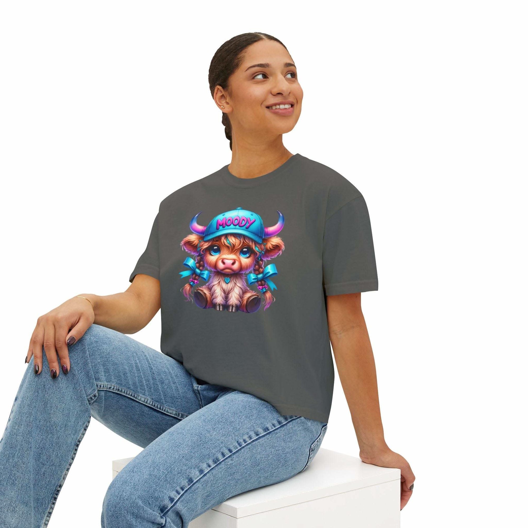 Women's boxy tee with moody girl highland cow graphic, casual vintage fit