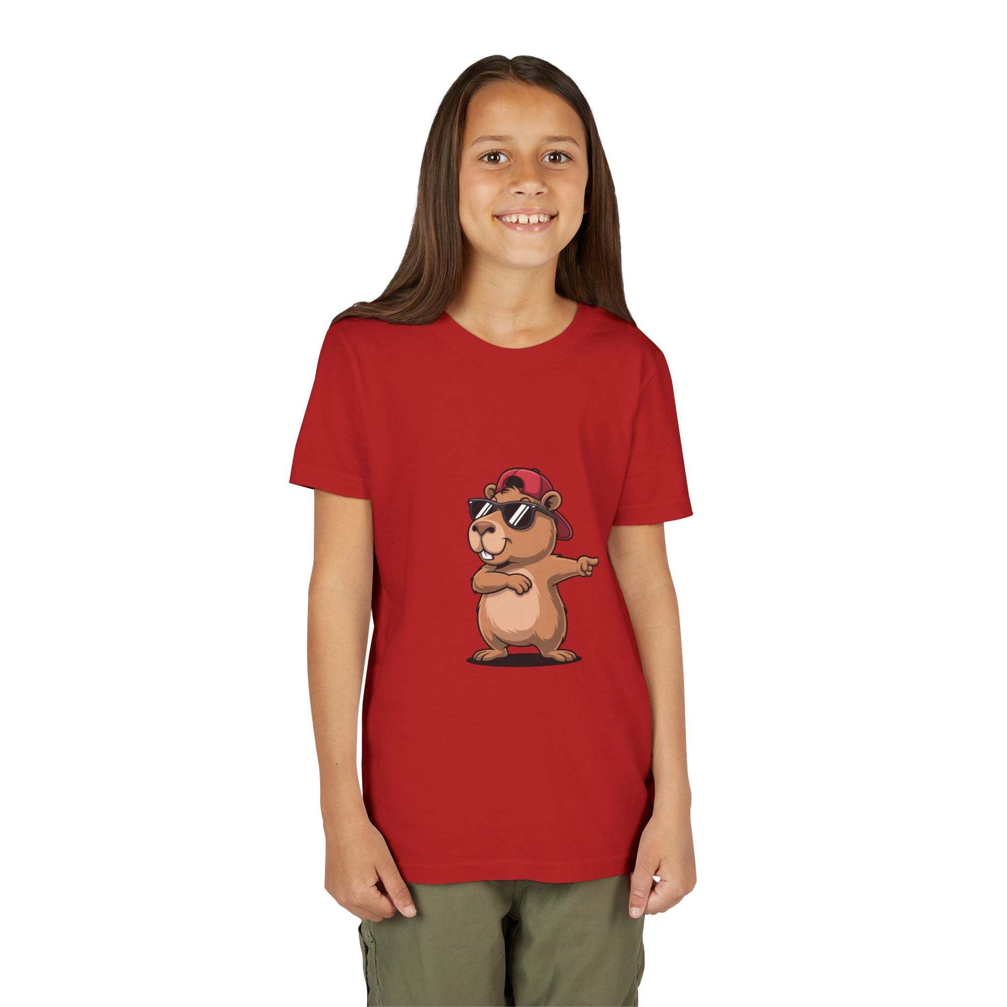 Cool capybara wearing hat and sunglasses graphic on soft cotton youth t-shirt
