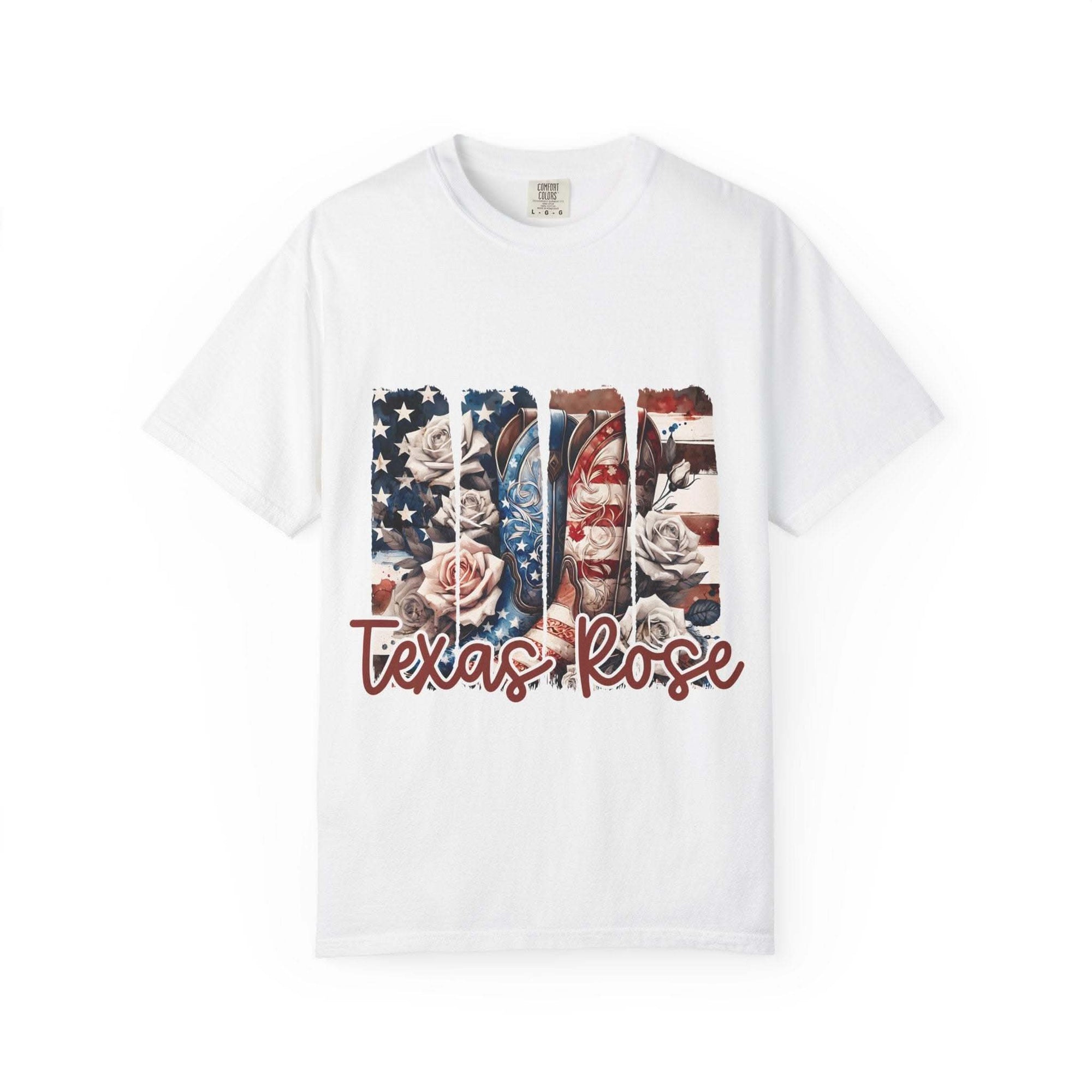 Soft faded Texas Rose T-Shirt with relaxed fit, embodying wild rose charm and countryside warmth.
