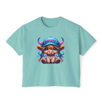 Women's boxy tee with moody girl highland cow graphic in blue pigment dye cotton