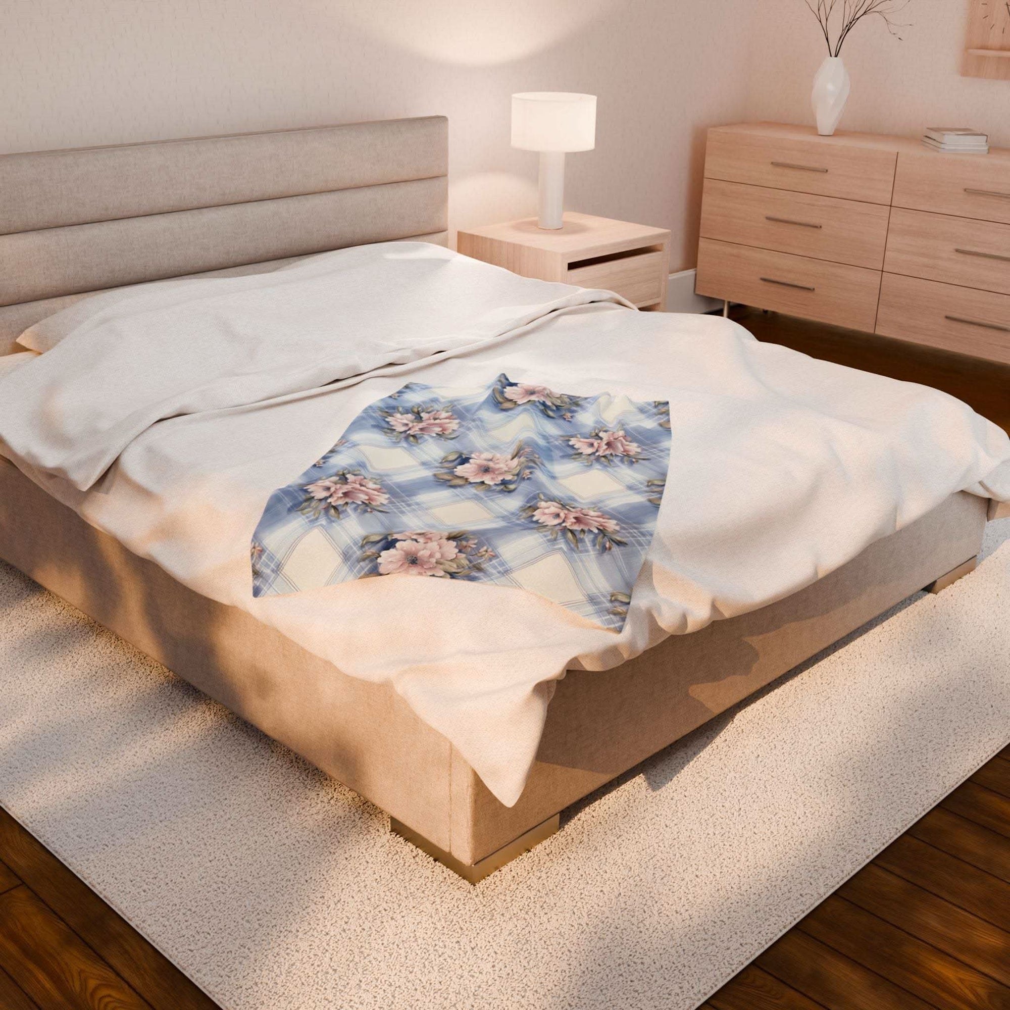 Floral pastel velveteen plush blanket in light blue and pink by Printify, available in various bedding sizes.