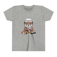 Cute Otter Sushi Chef graphic on a youth tee shirt, featuring an otter wearing a chef’s hat making sushi.