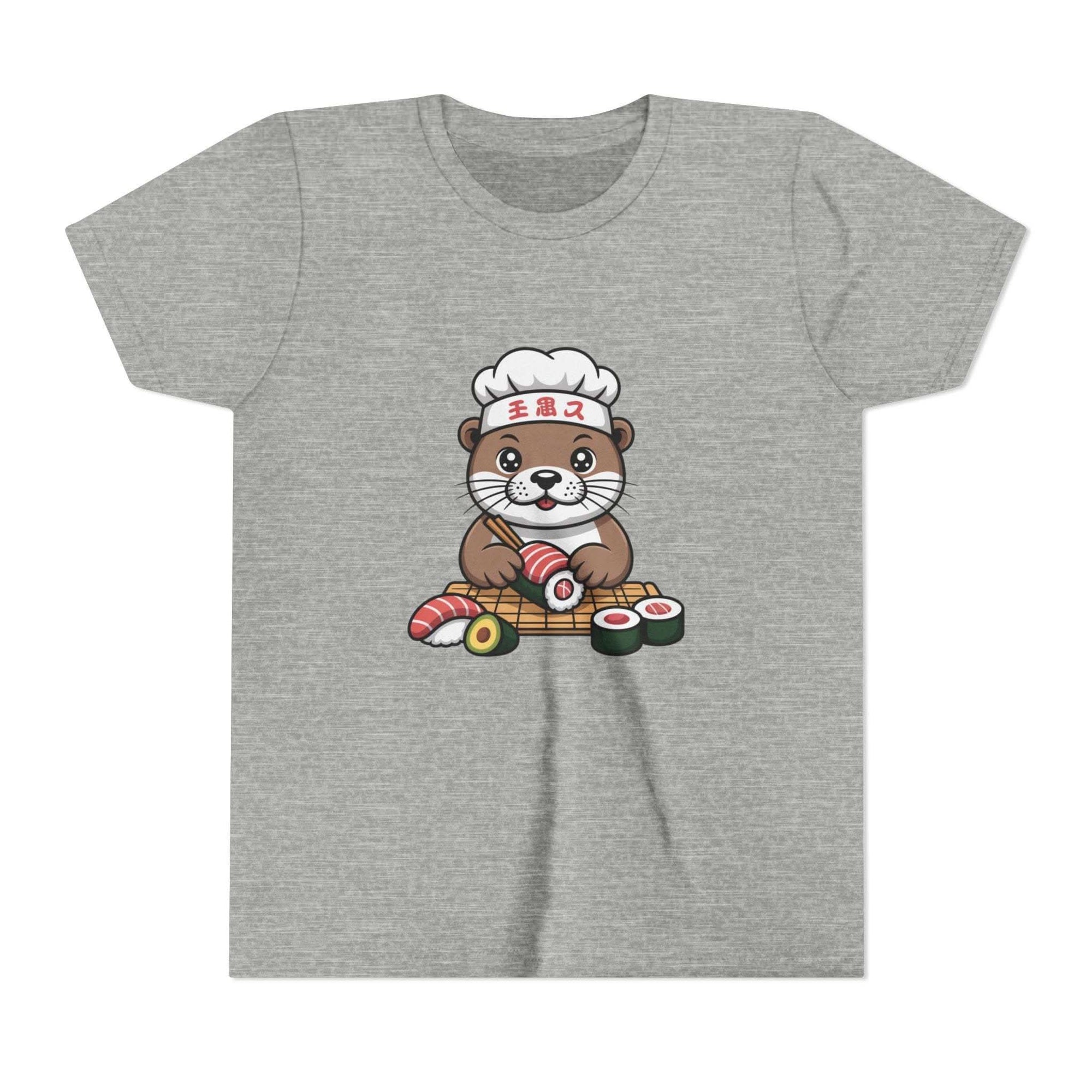 Cute Otter Sushi Chef graphic on a youth tee shirt, featuring an otter wearing a chef’s hat making sushi.