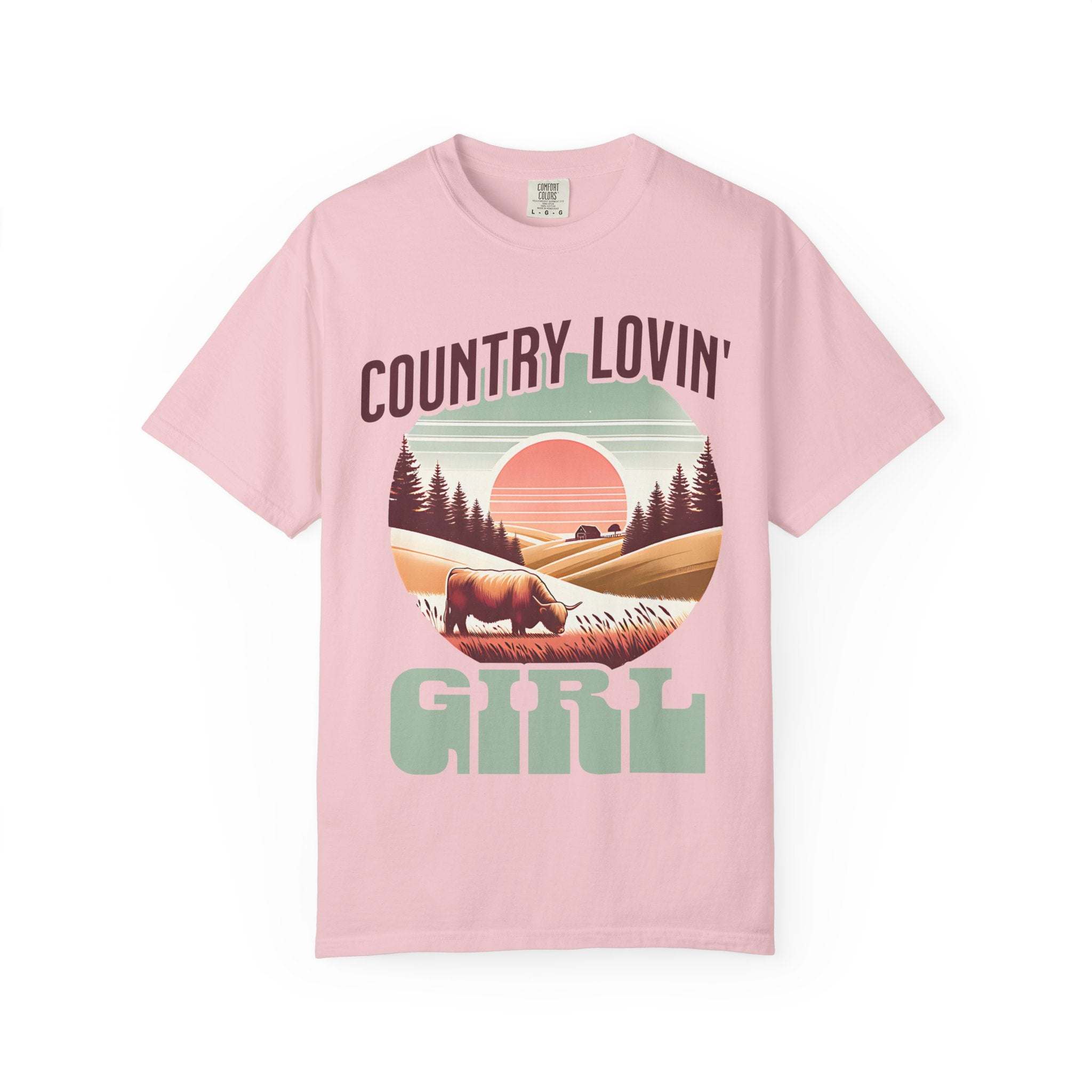 Pink Country Lovin Girl T-shirt with vintage countryside sunset and cow design, soft cotton, relaxed fit