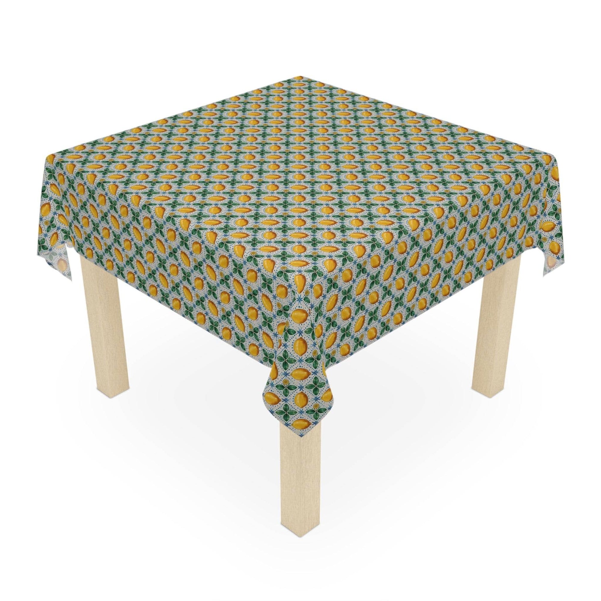 Mediterranean Lemon tablecloth with vibrant lemon pattern on lightweight polyester fabric