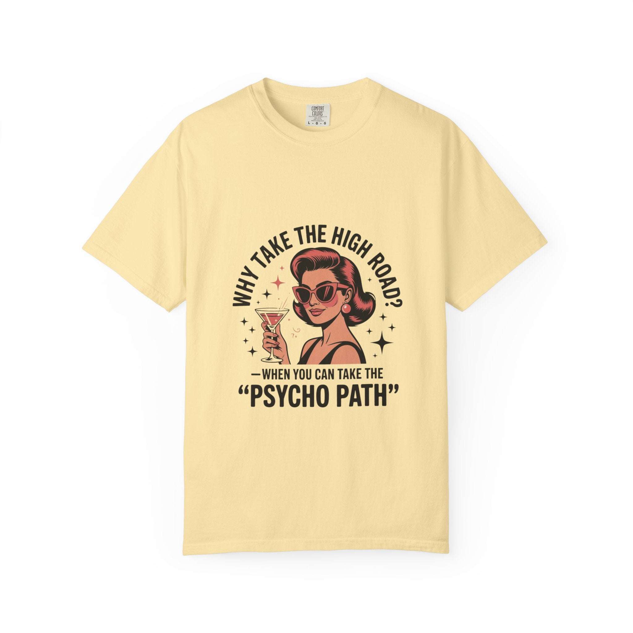 Garment-dyed T-shirt with vintage psycho path graphic and casual vibe