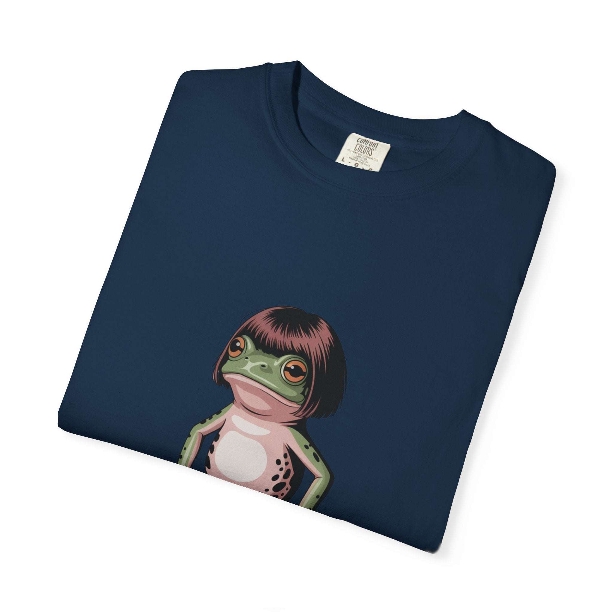 Navy t-shirt with frog wearing bob haircut meme graphic printed on front