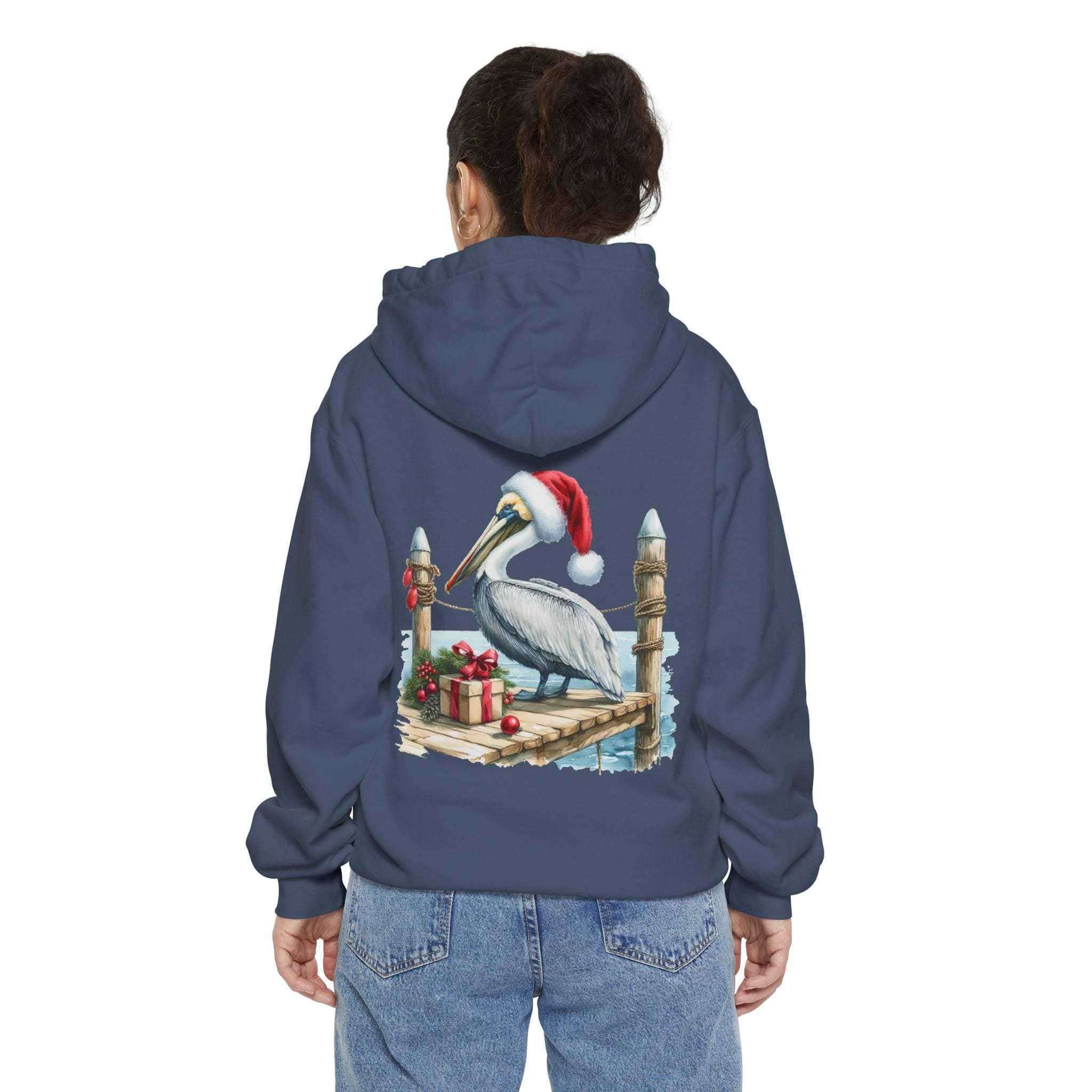 True Navy hoodie featuring a pelican in a Santa hat design by Printify