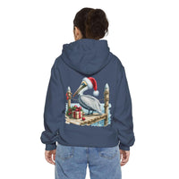 True Navy hoodie featuring a pelican in a Santa hat design by Printify