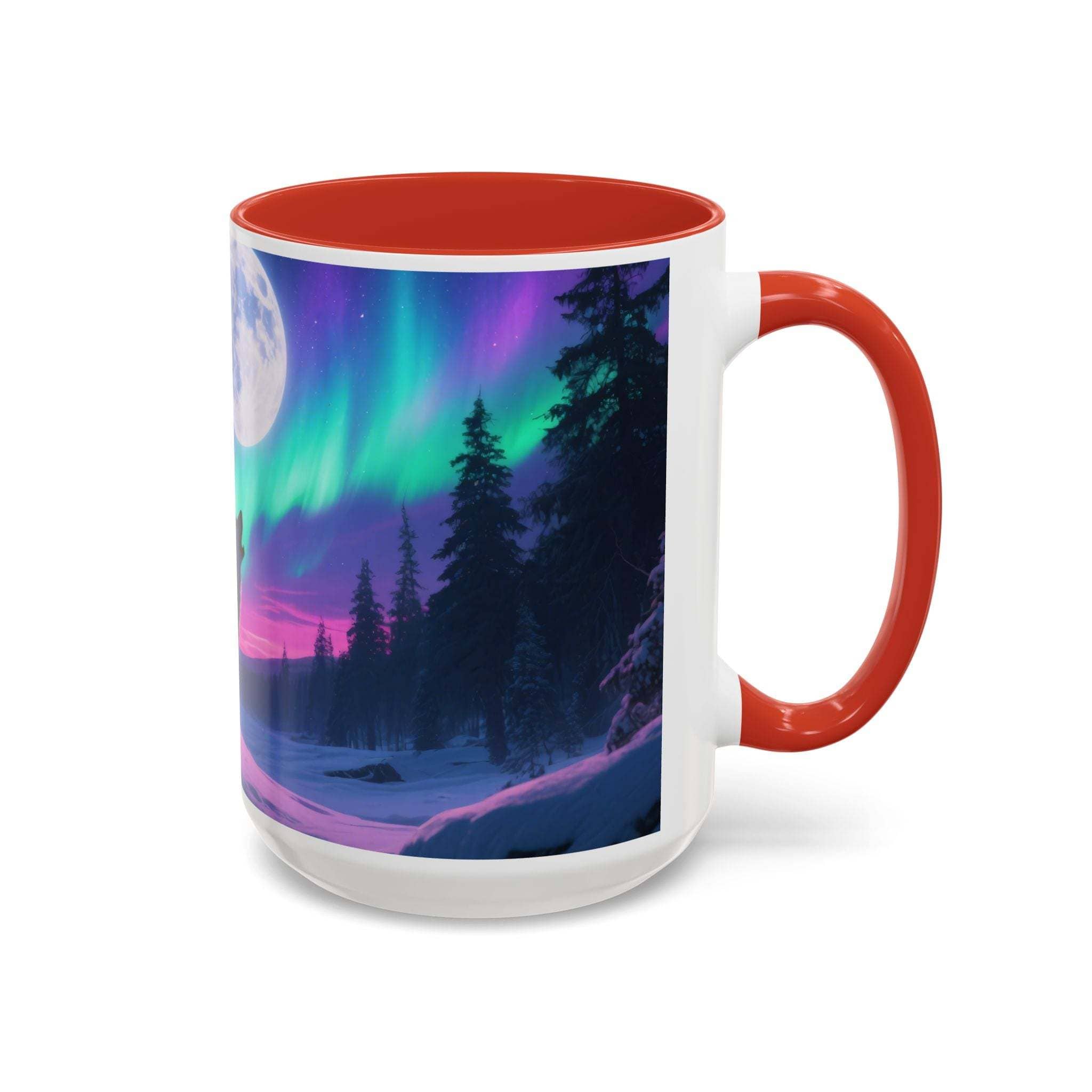 Ceramic howling wolf aurora mug with red handle and colorful northern lights design