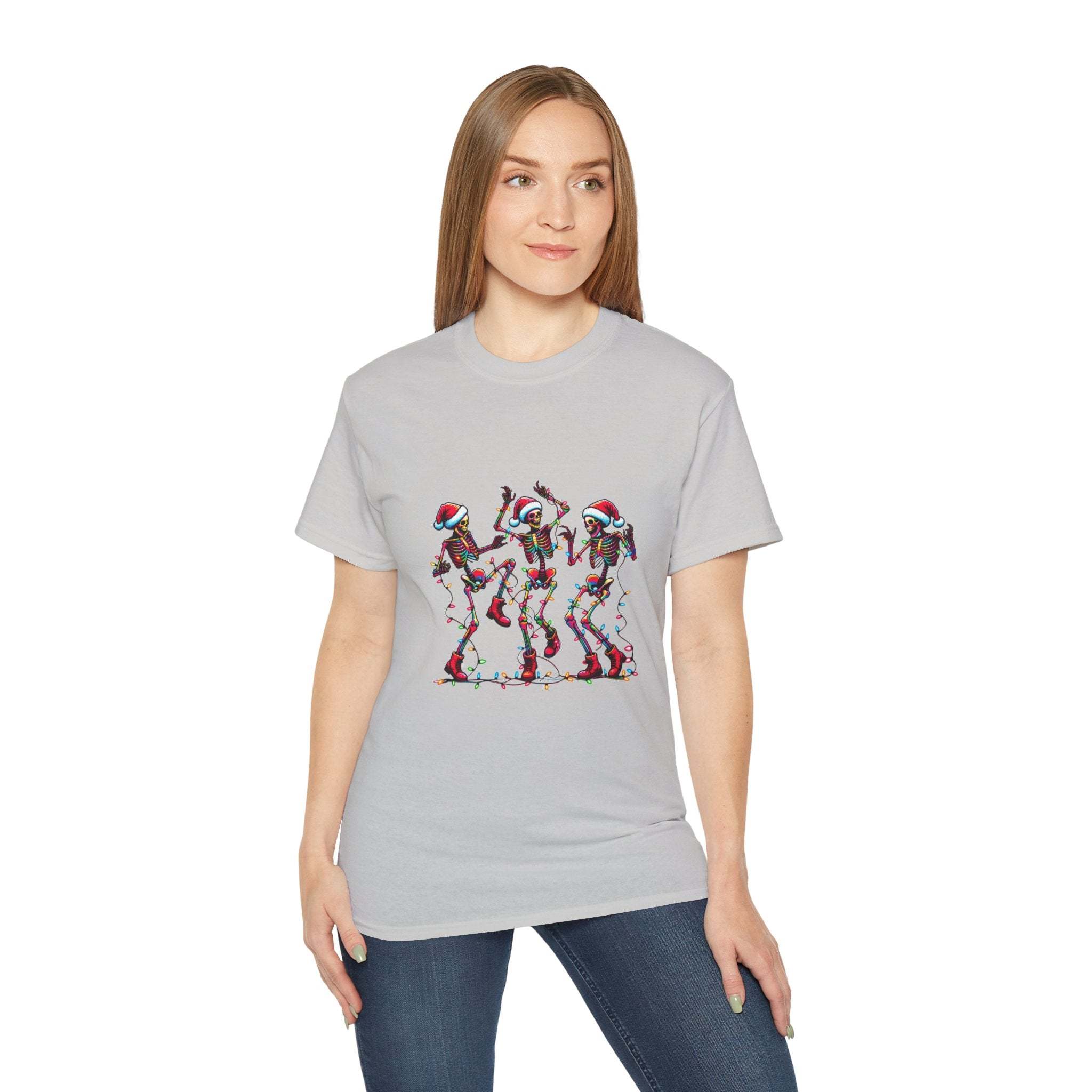 White Christmas Dancing Skeletons t-shirt by Printify, festive design perfect for holiday celebrations