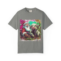Retro Santa and Highland Cow graphic on a black t-shirt by Printify, perfect for festive holiday wear.