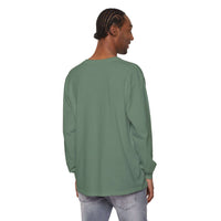 Men's long sleeve t-shirt in solid pastel green with ribbed cuffs and durable hems viewed from the back